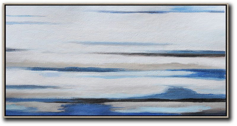 Extra Large Canvas Art,Hand Painted Panoramic Abstract Painting,Modern Paintings,White,Grey,Blue,Black.etc